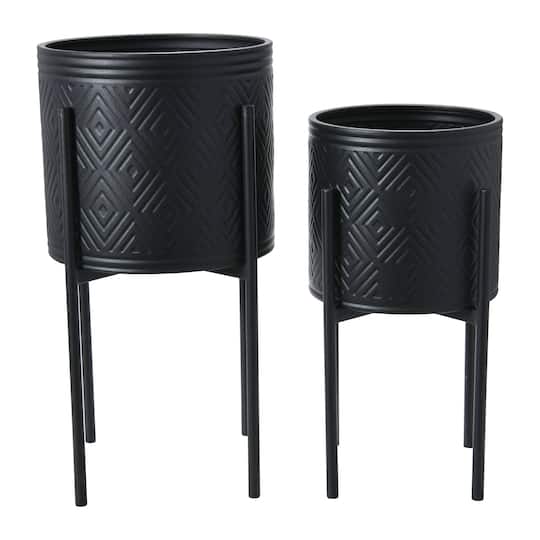 Matte Black Boho Embossed Metal Planters with Stands Set